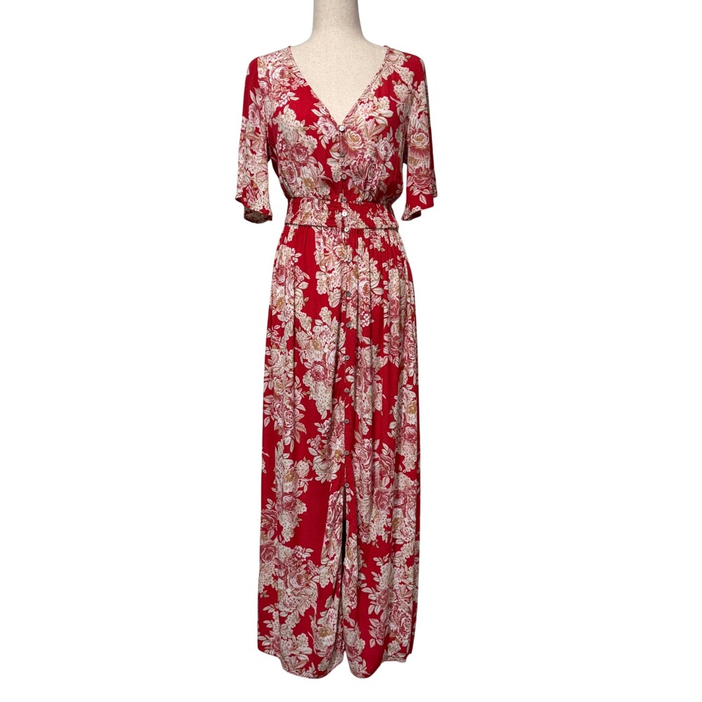 ODDI Red Floral Button Front Maxi Dress Smocked Waist Boho Cottagecore Medium